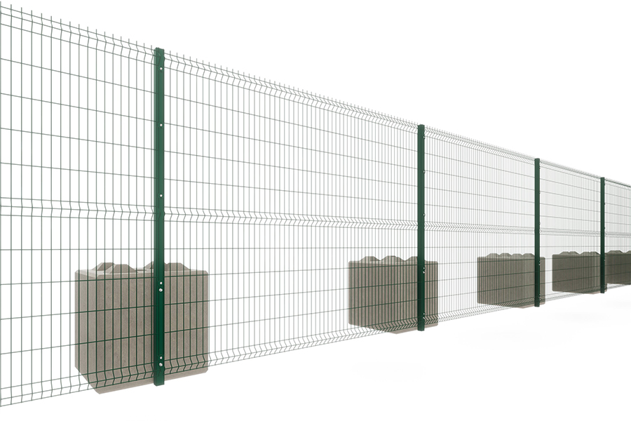Rigid mesh security fence panels on freestanding bases around a construction site perimeter