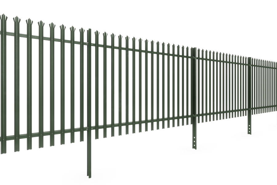 Run of green powder coated steel palisade fencing with triple pointed W section pales around an industrial yard