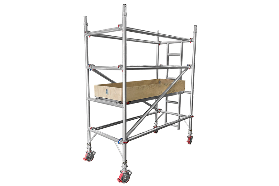 Single width and double width aluminium scaffold towers built side by side with guardrails and toe boards