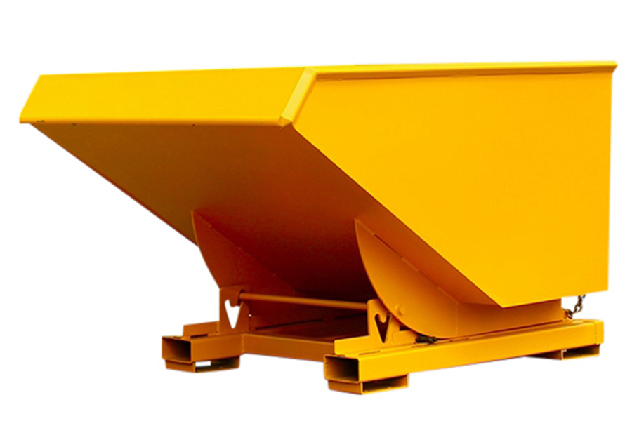 Steel forklift self-tipping skip carried on the forks of a forklift truck in a yard