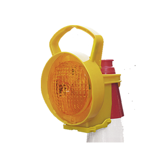Nissen LED Hazard Warning Lamp attached to traffic cone with integrated cone bracket.