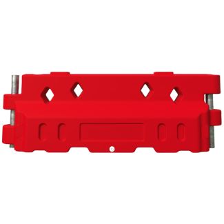 Front view of Defender50 water-filled crash barrier in bright red, featuring integrated pin locking system and diamond cutouts.