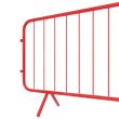 Detailed view of the left-hand side and angled leg of the red steel crowd control barrier, showcasing welded joints and tube construction.