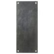 Top-down view of rectangular steel road plate with textured finish and corner lifting holes.