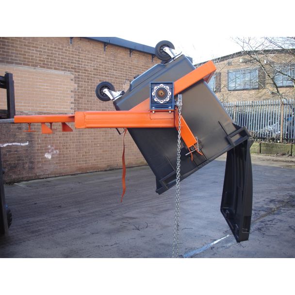 Industrial wheelie bin tipper forklift attachment safely rotating large commercial bin for waste disposal operations.
