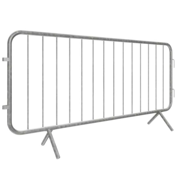 Angled side view of a galvanised fixed-leg crowd barrier, showing tubular steel construction and upright bars.