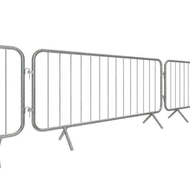Angled side view of multiple galvanised steel crowd control barriers connected together on a white background.