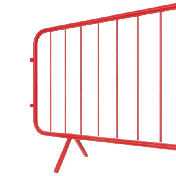 Detailed view of the left-hand side and angled leg of the red steel crowd control barrier, showcasing welded joints and tube construction.