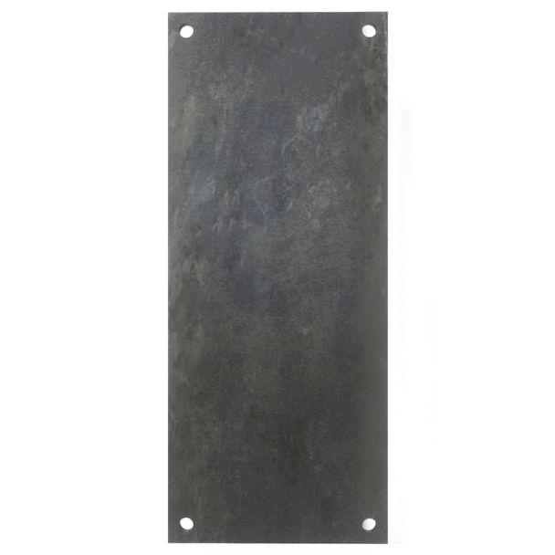 Top-down view of rectangular steel road plate with textured finish and corner lifting holes.