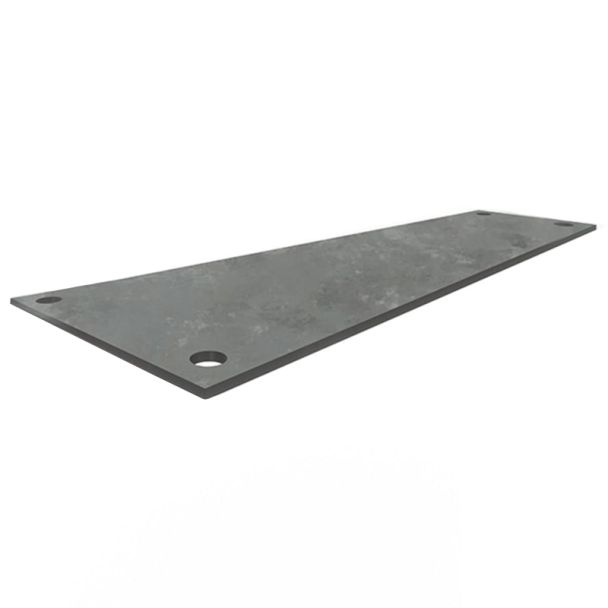 Angled view of plain steel trench cover plate with pre-drilled lifting holes on each corner.
