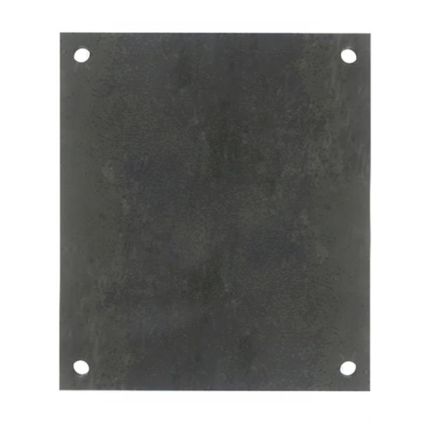 Top-down view of square steel road plate with textured finish and corner lifting holes.