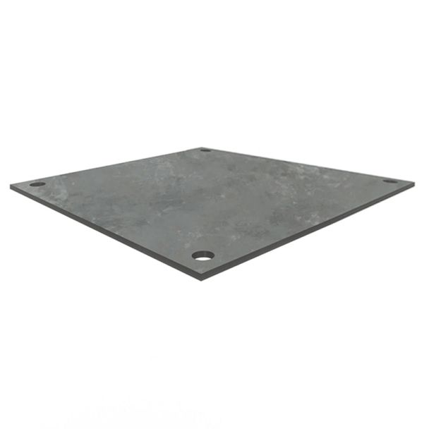 Angled view of plain steel trench cover plate with pre-drilled lifting holes on each corner.