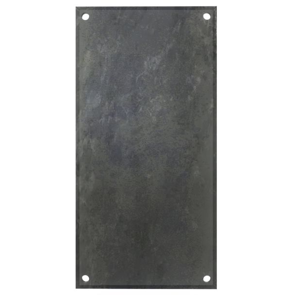 Top-down view of rectangular steel road plate with chamfered edges and corner lifting holes.