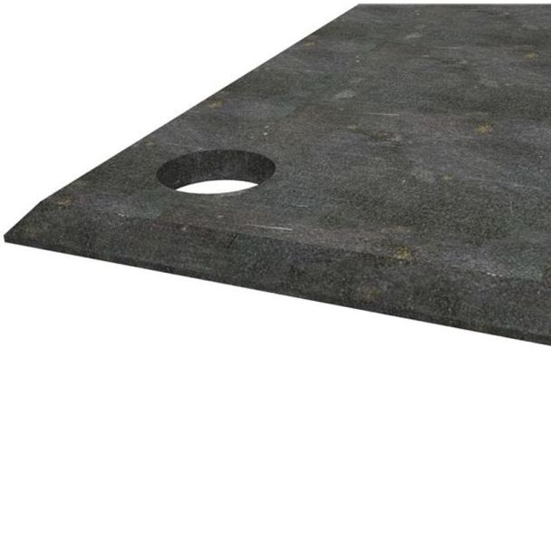 Angled corner view of plain steel road plate showing details of lifting hole and chamfered edges