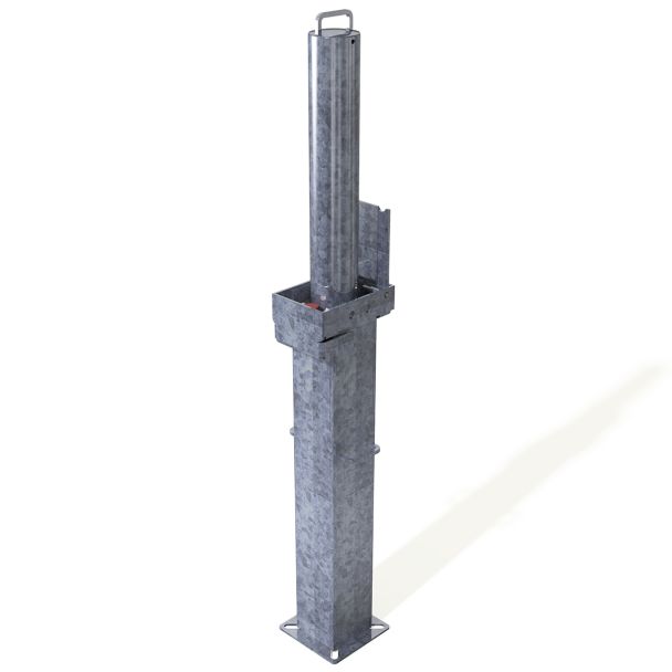 Galvanised retractable parking post with lockable system for preventing unauthorised access and protecting reserved spaces.