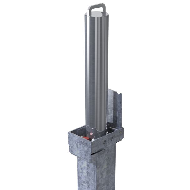 Close-up of retractable stainless steel parking bollard with secure integral lock for driveway protection and vehicle access restriction.