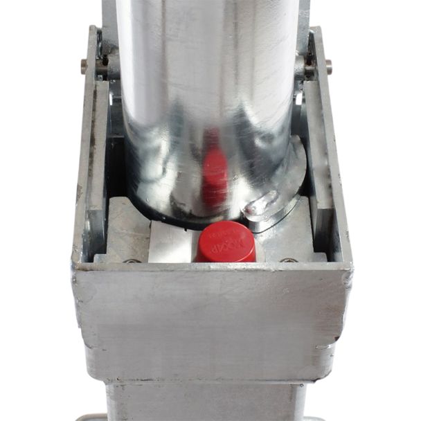Lockable retractable bollard mechanism with red key & lock cover for enhanced vehicle security and access management.